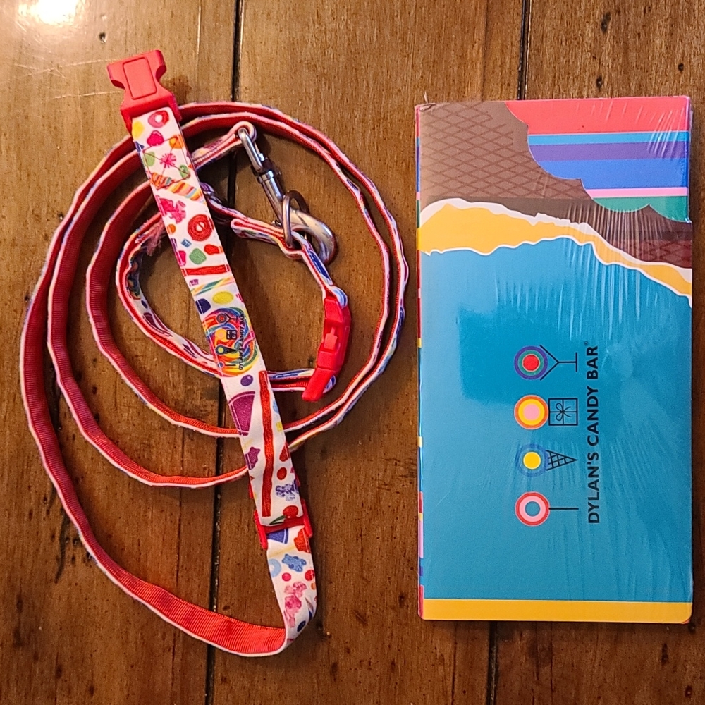 Dylan's Candy Bar Collar, 6ft leash, and notebook.